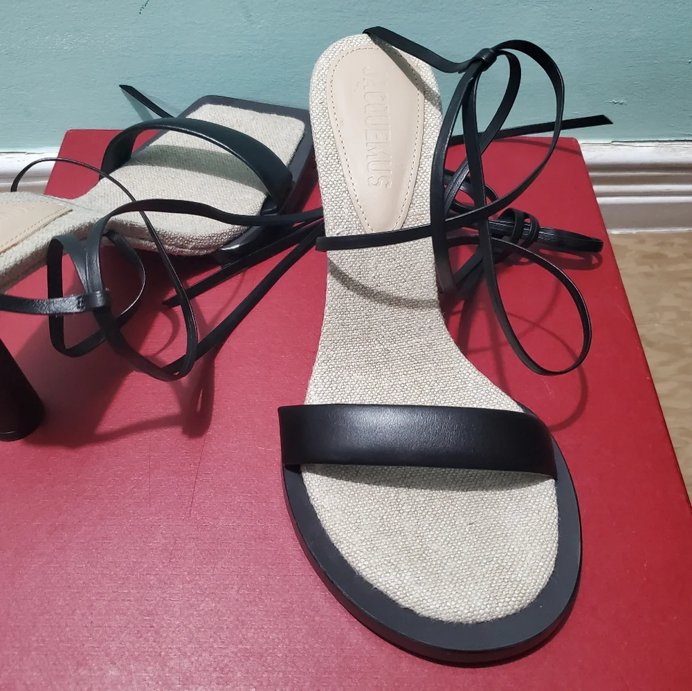 NEW JACQUEMUS Les Carre Rond Black Leather & Linen Sandals sz 38 - Picture 9 of 14